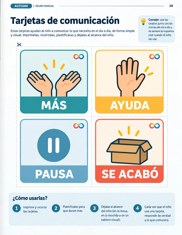 Tarjetas de comunicación MÁS, AYUDA, PAUSA y SE ACABÓ, del módulo de Autismo